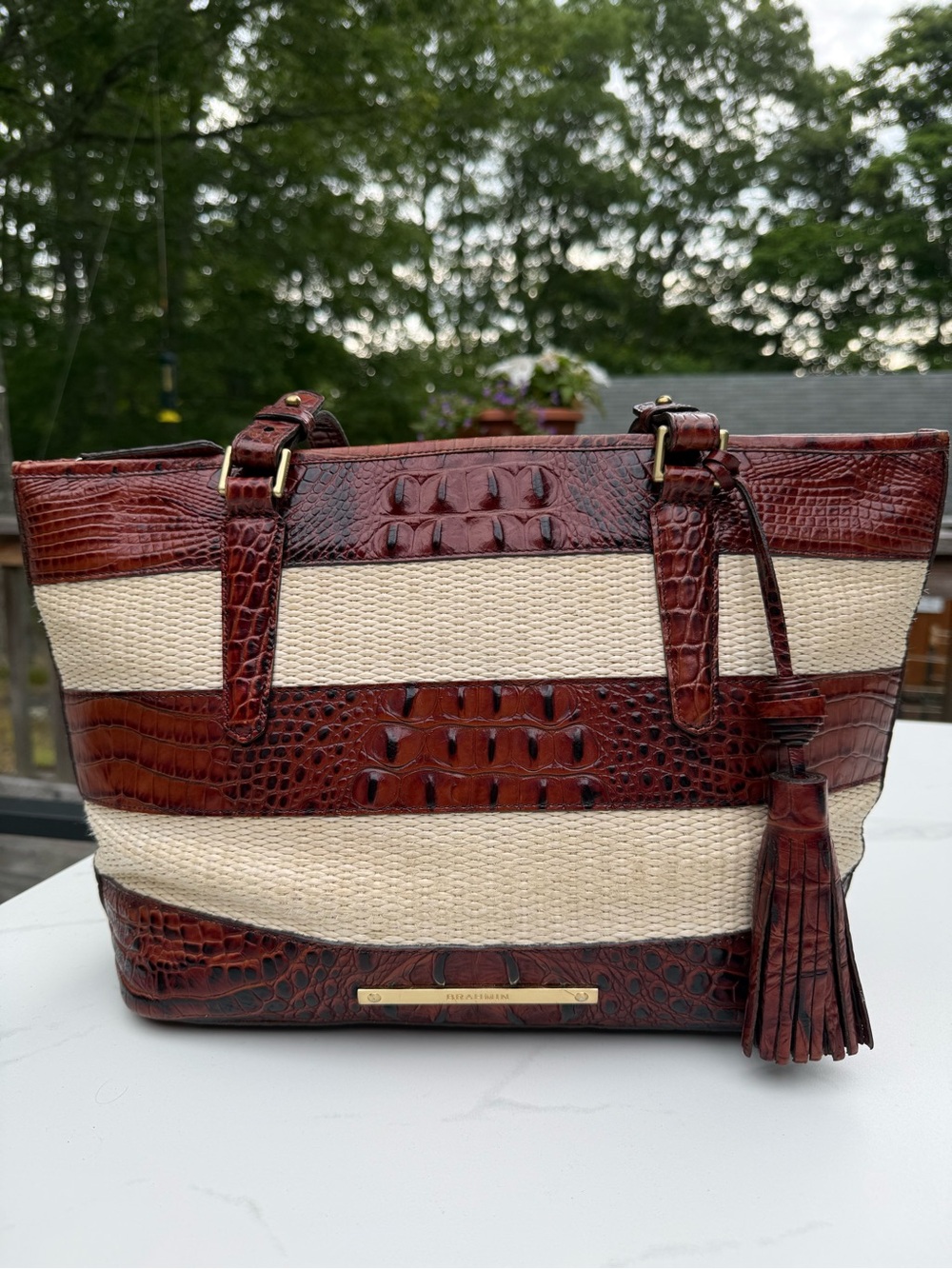 Brahmin Medium Asher Tote Striped Embossed Crocodile Leather Woven Raffia Bag